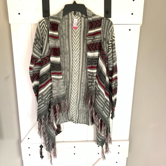 Juniors No Boundaries Open Sweater Cardigan Fringe Long Sleeves Gray Large - Picture 2 of 10